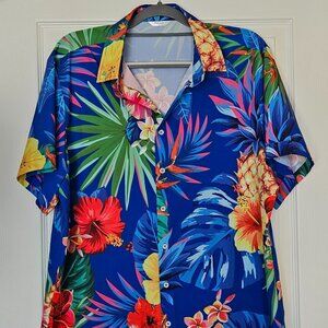 SheLucki Tropical Floral Button-Down Shirt — Blue — Size L